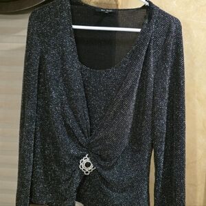 Blu Sage Black Sparkly Top with Brooch